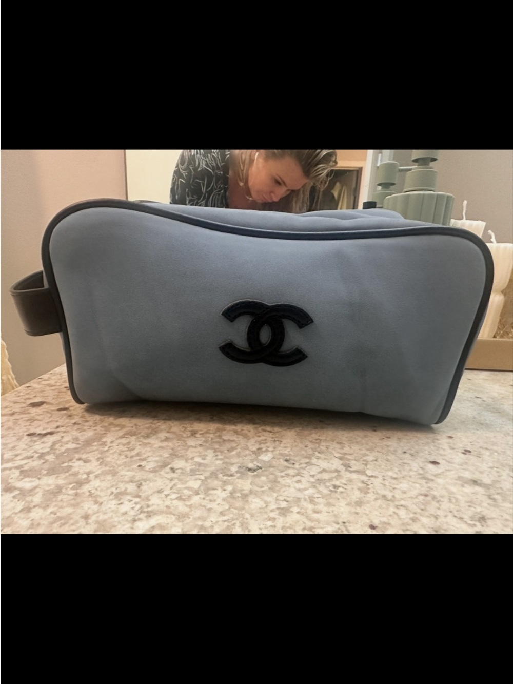 FASHION INSPO Blue Suede Toiletry Pouch with Black Trim